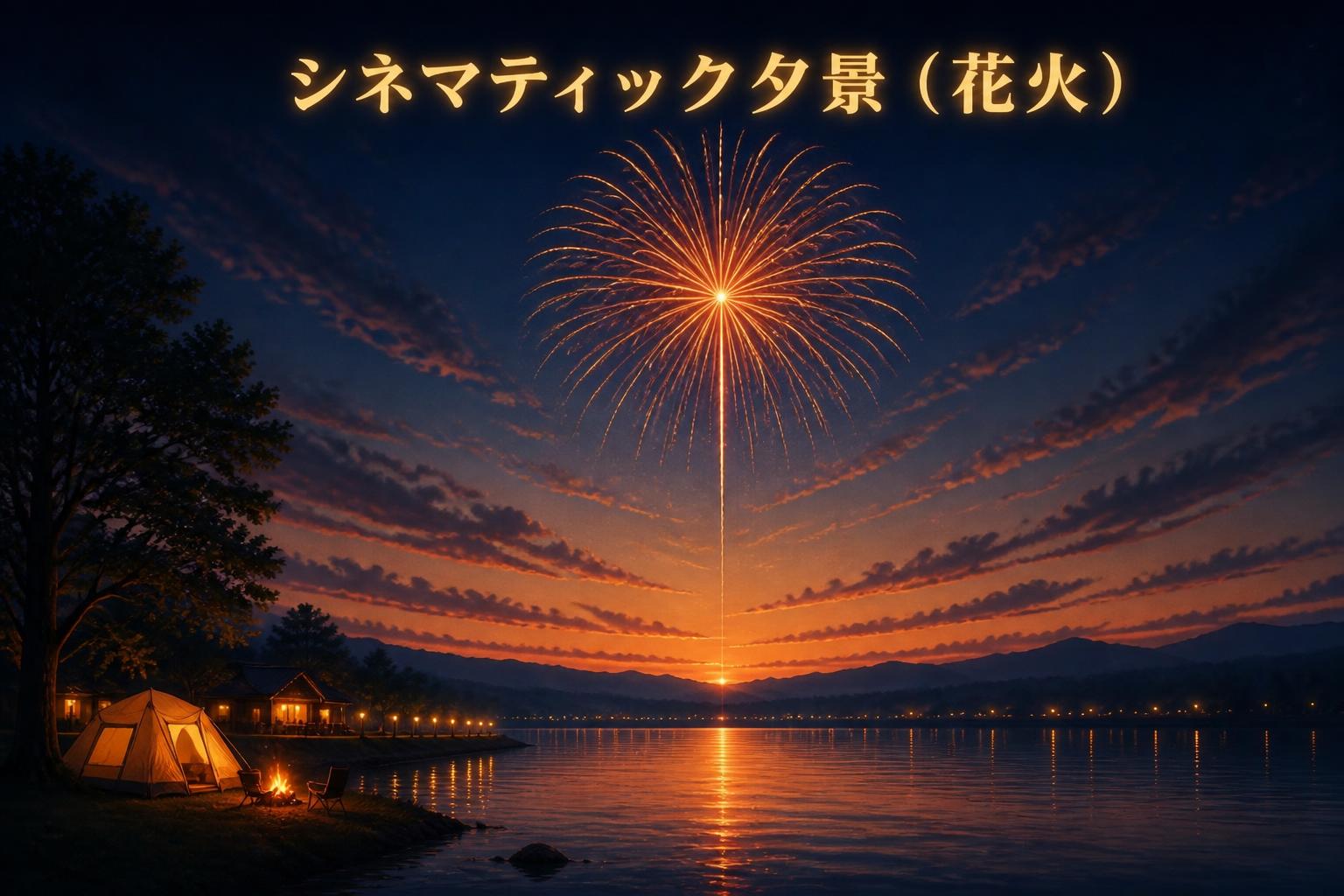 上中央にゴシック体で「シネマティック夕景（花火）」とキャンプション。それ以外のテキストは無し。