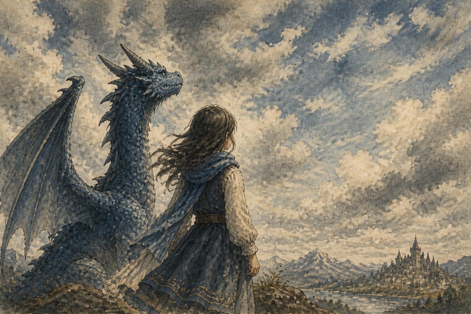 女の子が青い竜と共に空を見上げている